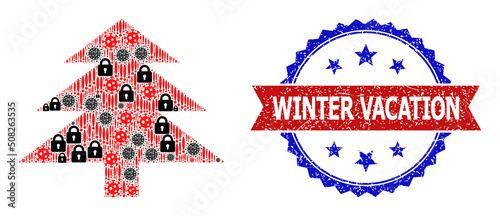 Vector flu virus mosaic fir tree icon, and bicolor textured Winter Vacation seal. Mosaic fir tree icon designed with sars virus, secrecy, warning items.