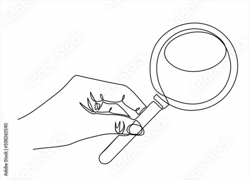 Continuous line drawing of hand holding magnifying glass . Vector illustration