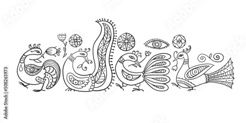 Magic birds family isolated on white. Art for your design