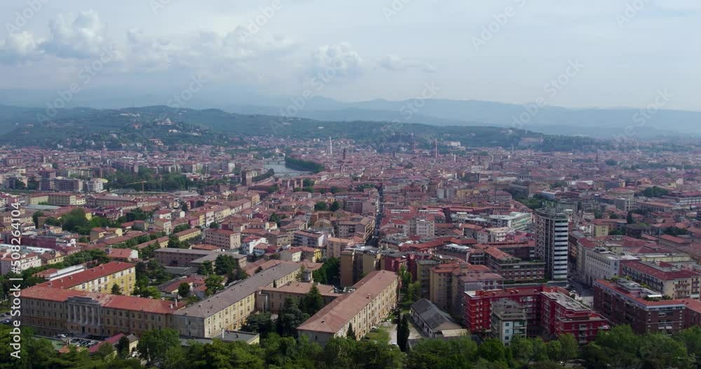 Tranquil Aerial Shot Of Verona City In Italy With Forests And Mountains. Tranquil Aerial Shot Of Verona City In Italy With Forests And Mountains.