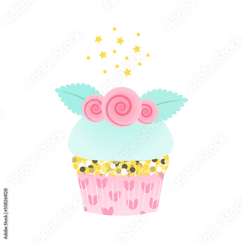 Creamy cupcake icon. Cartoon illustration of a sweet muffin decorated with flowers isolated on a white background. Vector 10 EPS.