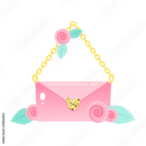 Pink handbag icon. Cartoon illustration of a flap clutch with gold chain strap decorated with flowers. Fashionable trendy purse for ladies. Vector 10 EPS.