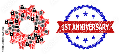 Vector covid virus mosaic gearwheel icon, and bicolor textured 1St Anniversary stamp. Mosaic gearwheel icon created with sars virus, secrecy, danger icons.