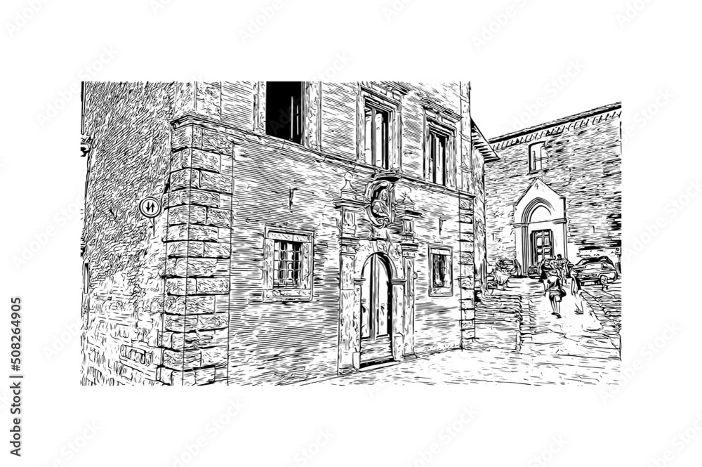 Building view with landmark of Montepulciano is the 
town in Italy. Hand drawn sketch illustration in vector.