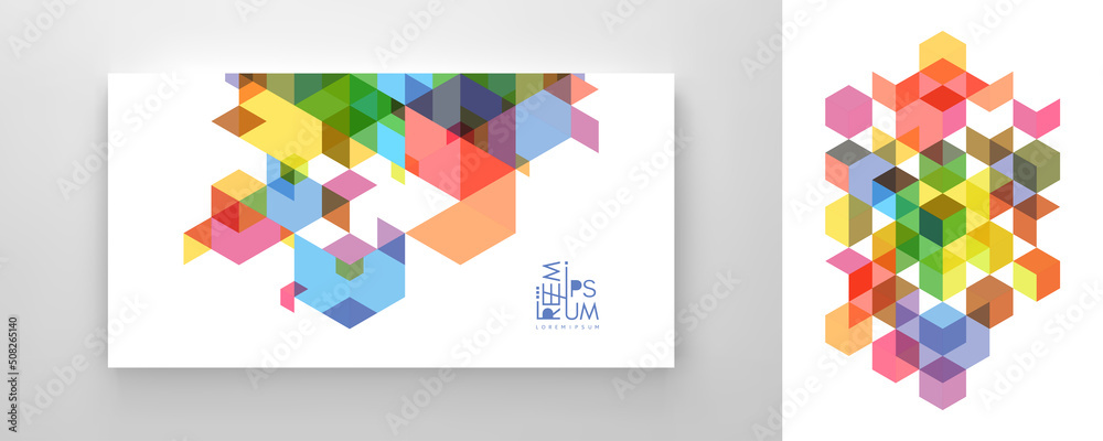 Cover design template. Abstract geometrical background. Transparent pattern of 3d cubes and hexagons. Vector illustration for banner, flyer, poster or brochure. - obrazy, fototapety, plakaty 