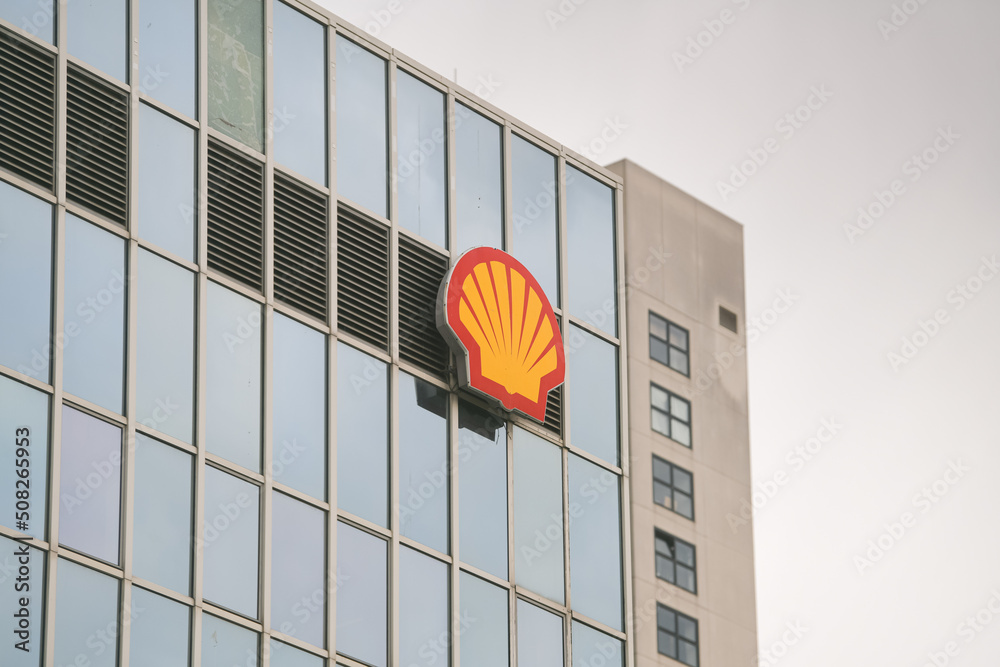 The logo sign of Shell plc, a British publicly traded multinational oil