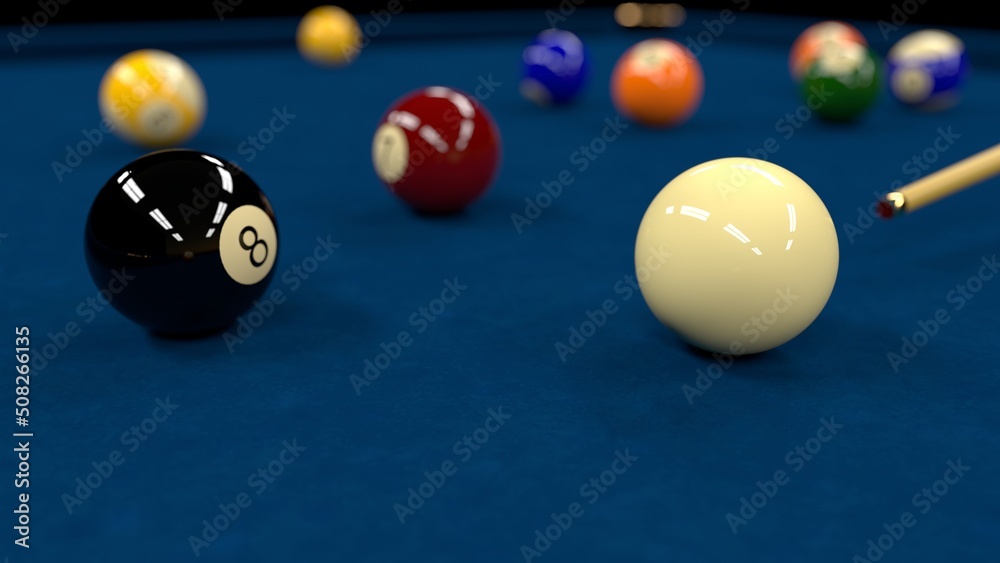 Billiard balls on a blue pool table. American billiards. 3D rendering. Billiard balls on a blue pool table. American billiards. 3D rendering.