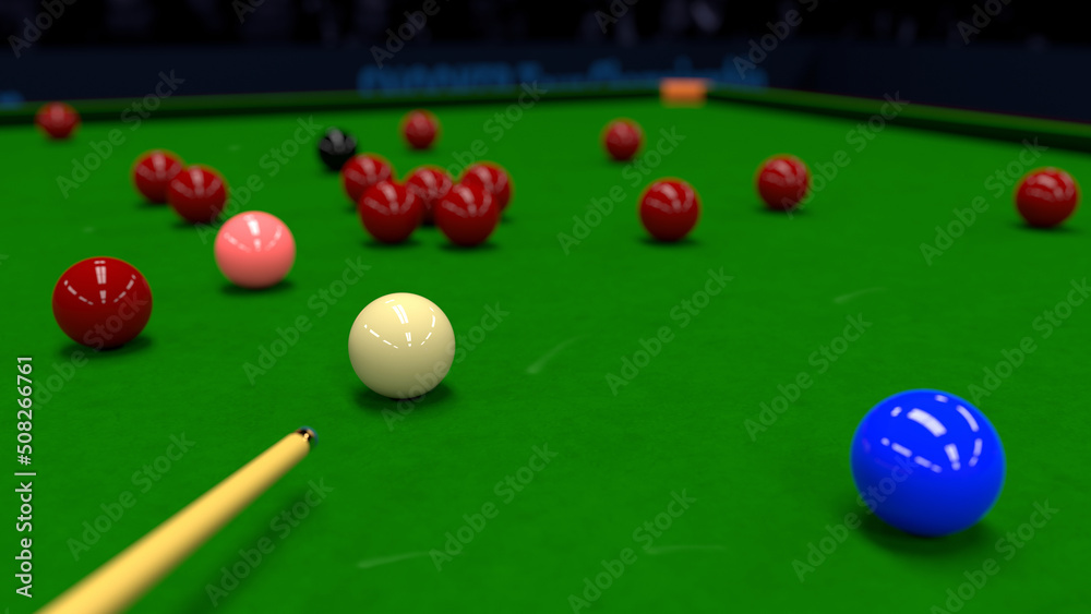 Snooker ball on the green table. Colored balls for playing snooker on a green cloth of a billiard table. 3d rendering. Snooker ball on the green table. Colored balls for playing snooker on a green cloth of a billiard table. 3d rendering.