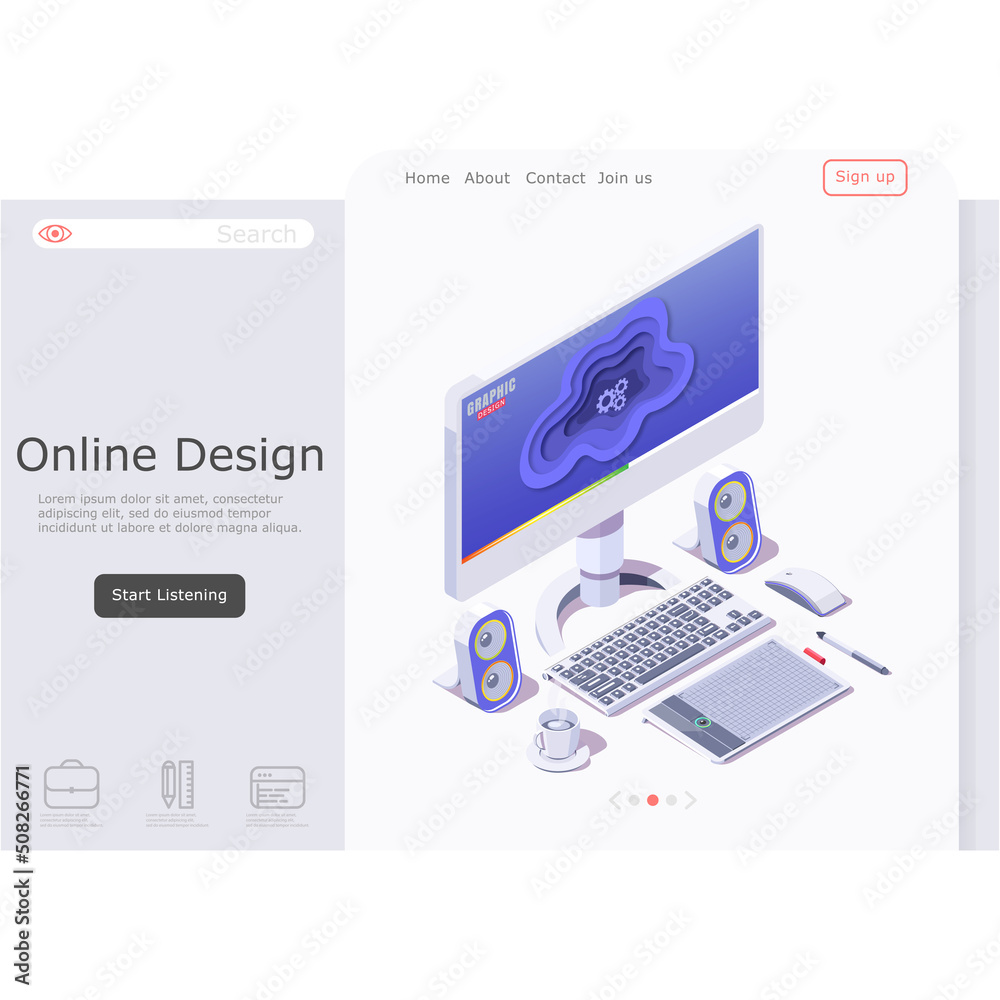 Landing page concept online design program Illustration isometric Landing page concept online design program Illustration isometric