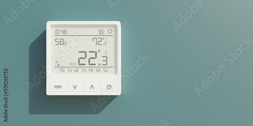 Digital thermostat on blue wall. Home heating temperature control device close up. 3d render photo
