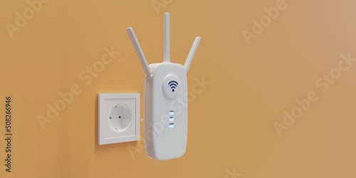 Foto Wireless repeater WiFi extender isolated on yellow wall