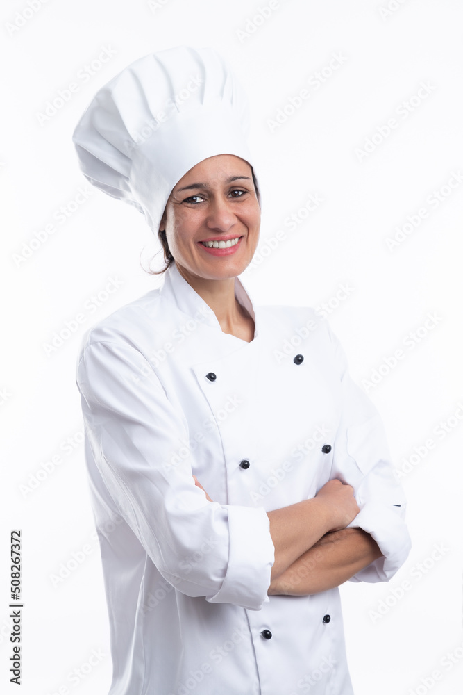 Happy young latine woman chef cook smiling at camera with chef outfit isolated on white background. Vertical format. Happy young latine woman chef cook smiling at camera with chef outfit isolated on white background. Vertical format.