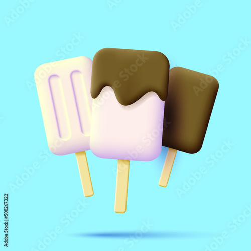 Vanilla and chocolate ice cream 3d render illustration on blue backdrop. Vector illustration