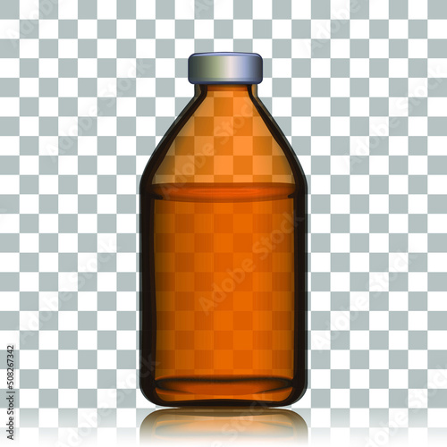 Template of transparent glass bottle with an aluminum cap filled with distilled water or saline. Dark glass medical bottle mock-up for medicines. Vector illustration isolated on transparent background