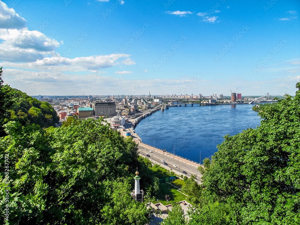 View of the Dnieper River from the observation deck in the City of Kyiv, Ukraine