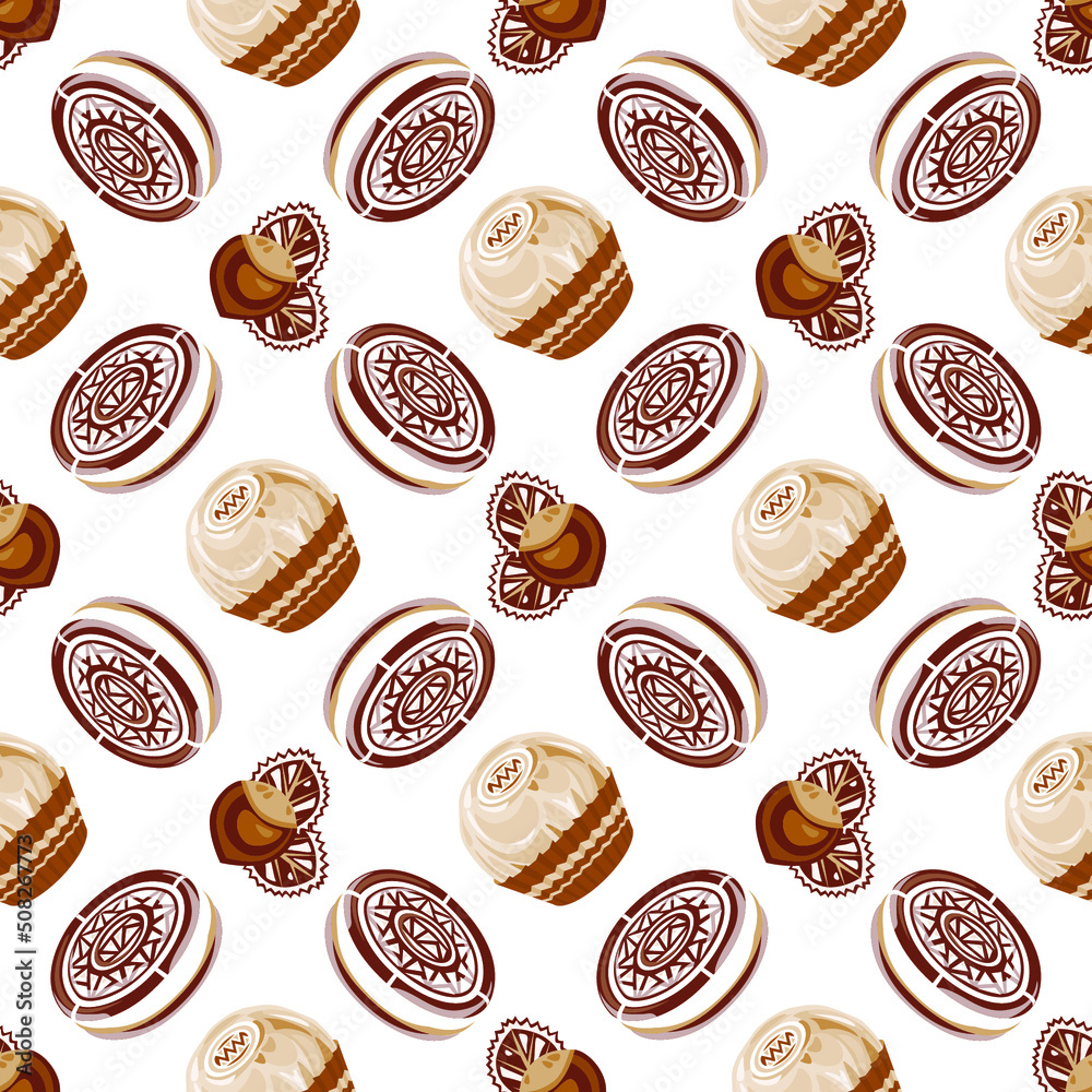 Сhocolates and sweet biscuit. brown and white decorative pattern. Sweetness. Seamless pattern, vector. Сhocolates and sweet biscuit. brown and white decorative pattern. Sweetness. Seamless pattern, vector.