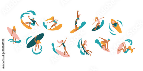 Silhouettes of surfers. Flat illustration. Vector.