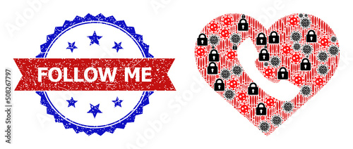 Vector covid infection mosaic love call icon, and bicolor dirty Follow Me seal. Mosaic love call icon is created with covid-2019, lockdown, exclamation elements.