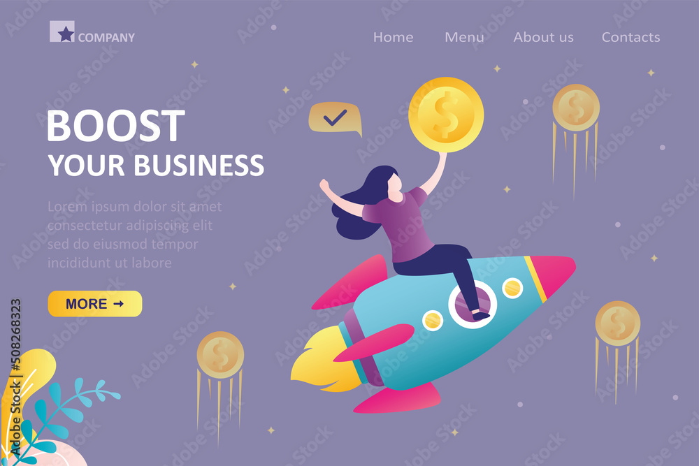 Fototapeta premium Businesswoman flying astride rocket with gold coin. Entrepreneur increased productivity with innovative technology