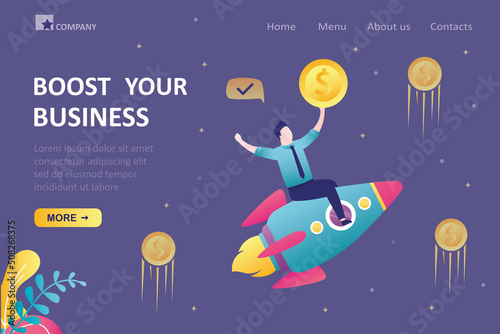 Businessman flying astride rocket with gold coin. Entrepreneur increased productivity with innovative technology