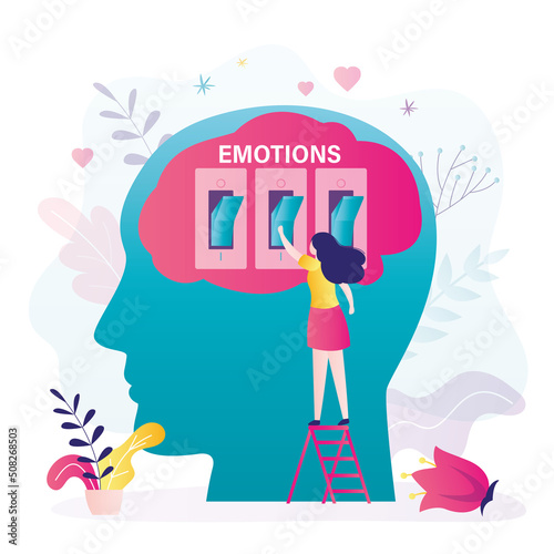 Girl successfully copes with management of emotions. Tiny woman presses switches in brain