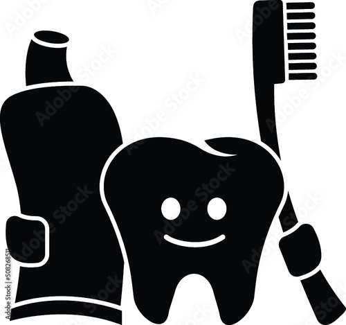 Cartoon Tooth Toothpaste Toothbrush Teeth Molar Oral Dental Hygiene Dentist Dentistry Black and White Design Illustration 