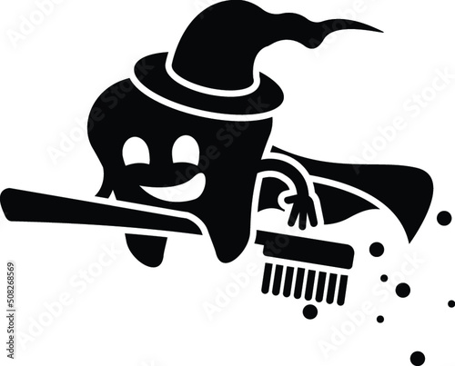 Cartoon Tooth Flying Toothbrush Witch Fairy Teeth Molar Oral Dental Hygiene Dentist Dentistry Black and White Design Illustration 