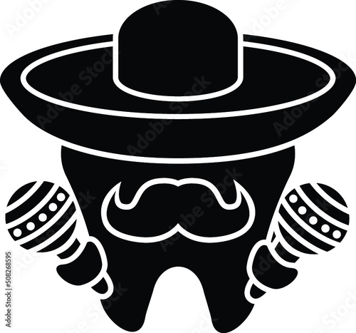 Cartoon Tooth Mexican Maracas Mustache Sombrero Teeth Molar Oral Dental Hygiene Dentist Dentistry Black and White Design Illustration 