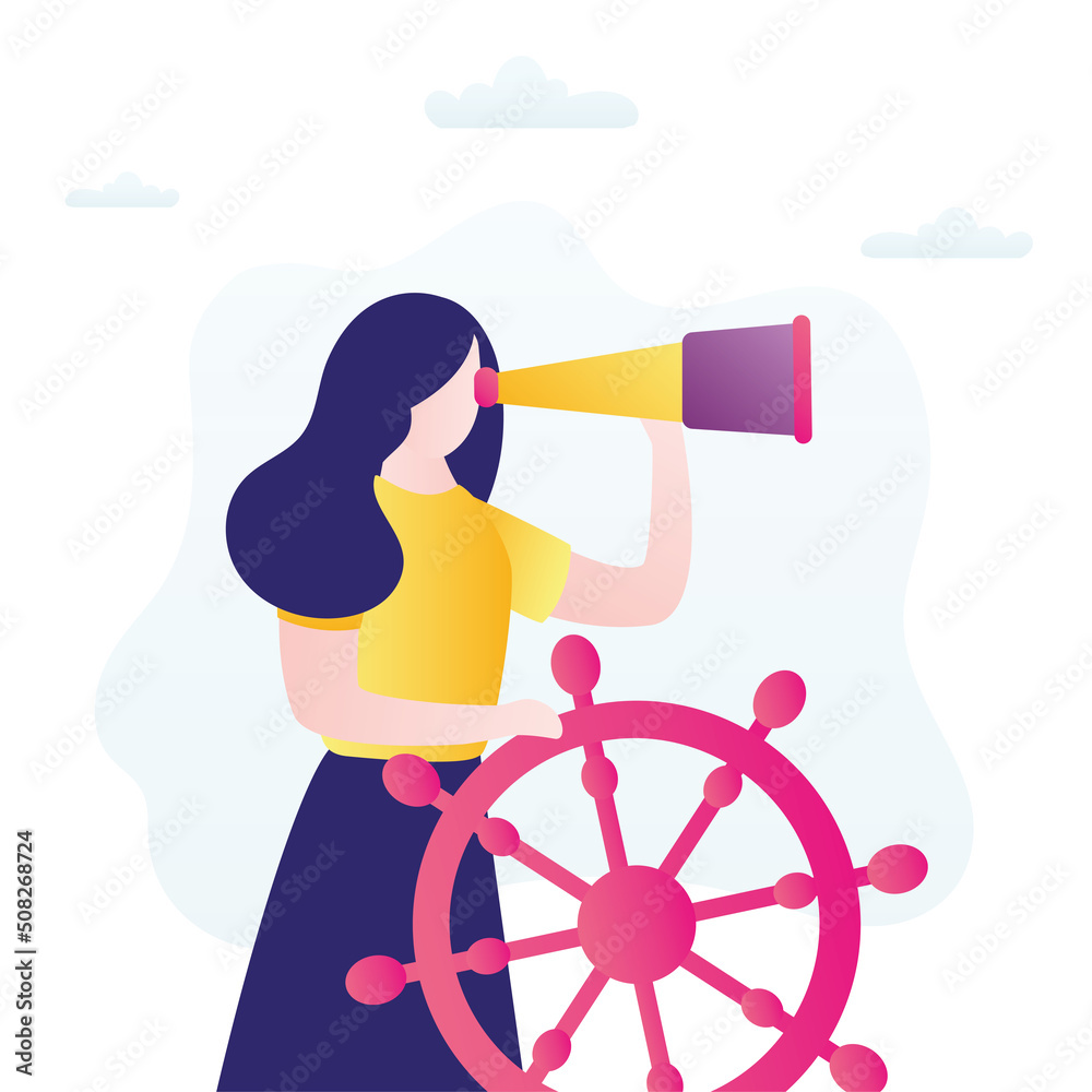Confident businesswoman, boat captain control steering wheel helm and uses spyglass for future vision. Business leadership, visionary to lead company success