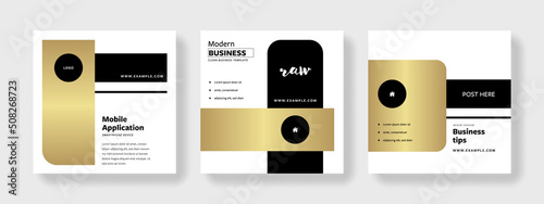 Clean instagram and facebook templates, modern business square banners for social media, golden elements with rounded corners, white copy space, black contrast, product presentation