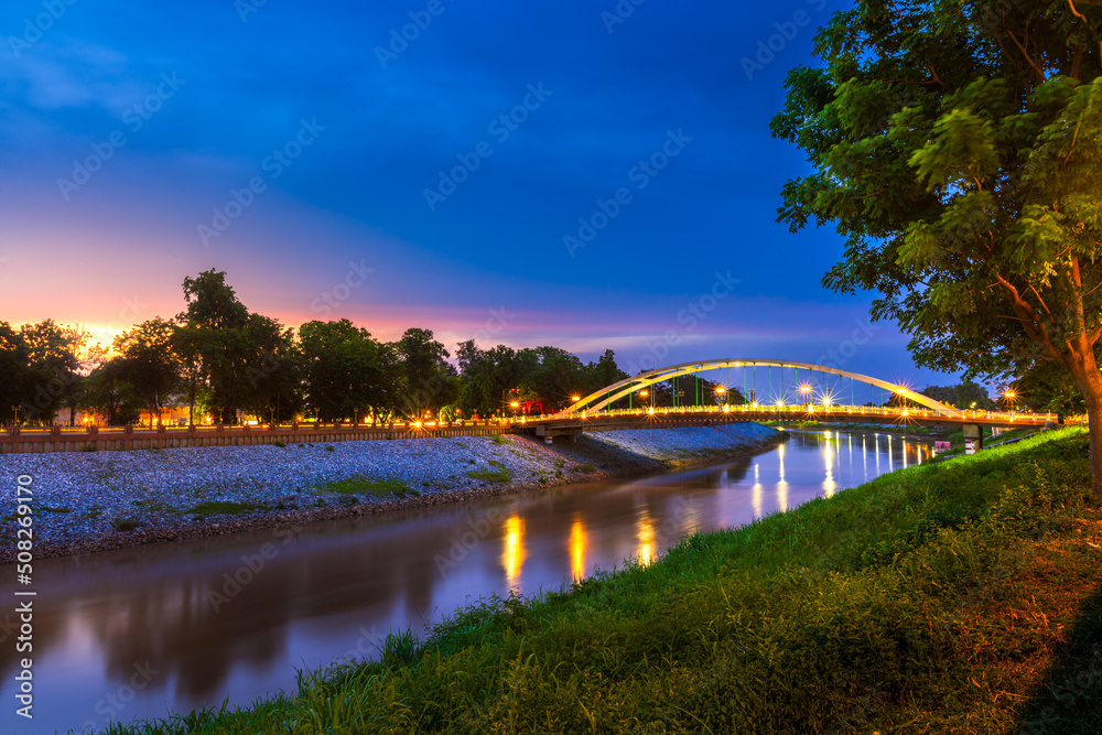 light Chan Palace Bridge over the Nan River (Wat Phra Si Rattana Mahathat also - Chan Palace) New Landmark It is a major tourist is Public places attraction Phitsanulok,Thailand,Twilight sunset.