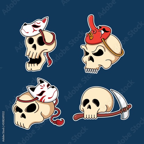 Cute skull head with japanese mask set illustration