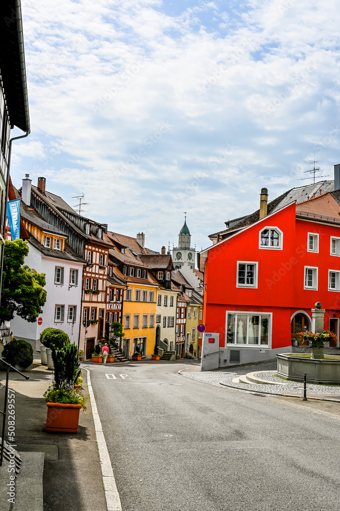 Naklejka premium Überlingen, Münster, St. Nikolaus, Kirche, Altstadt, Franziskanertor, Altstadthäuser, Münsterplatz, Bodensee, Sommer, Baden-Württemberg, Deutschland