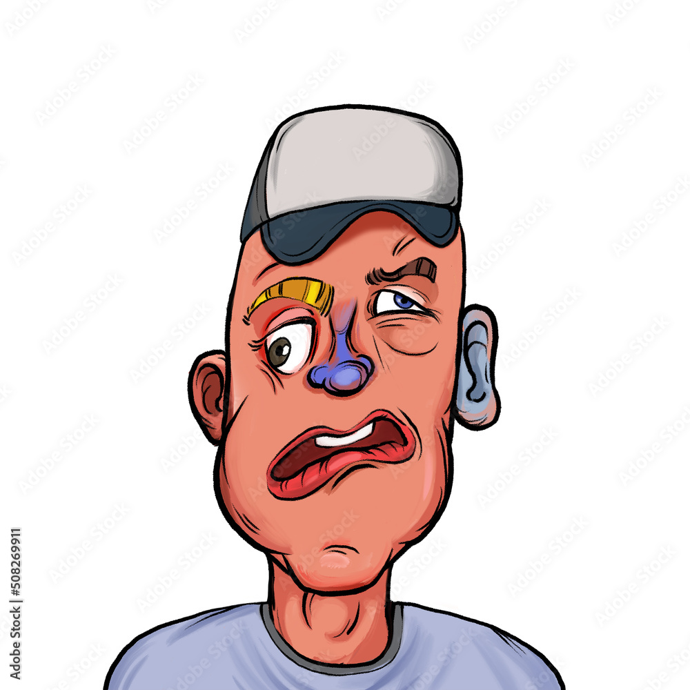 Caricature humor illustration of imaginary cartoon person with funny facial expression isolated on white background