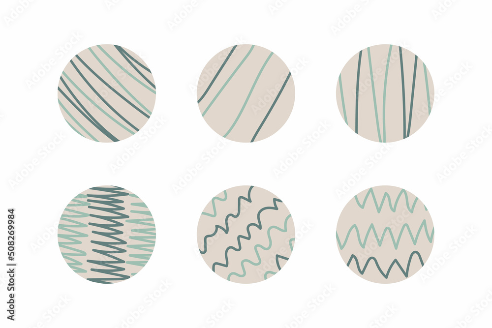 Set of abstract vector backgrounds, illustrations for web. 6 modern round abstractions with different shapes and lines. Elegant boho concept with different color schemes. Graphic design