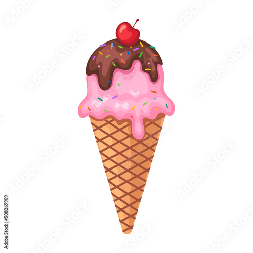 Sweet ice-cream with chocolate and cherry, sprinkling in a waffle cone. Food summer illustration on a white isolated background. Suit for menu design, sticker.