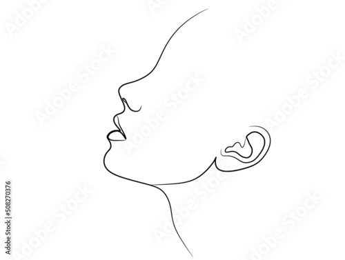 Woman face one line drawing on white isolated background. Vector illustration. Woman profile face.