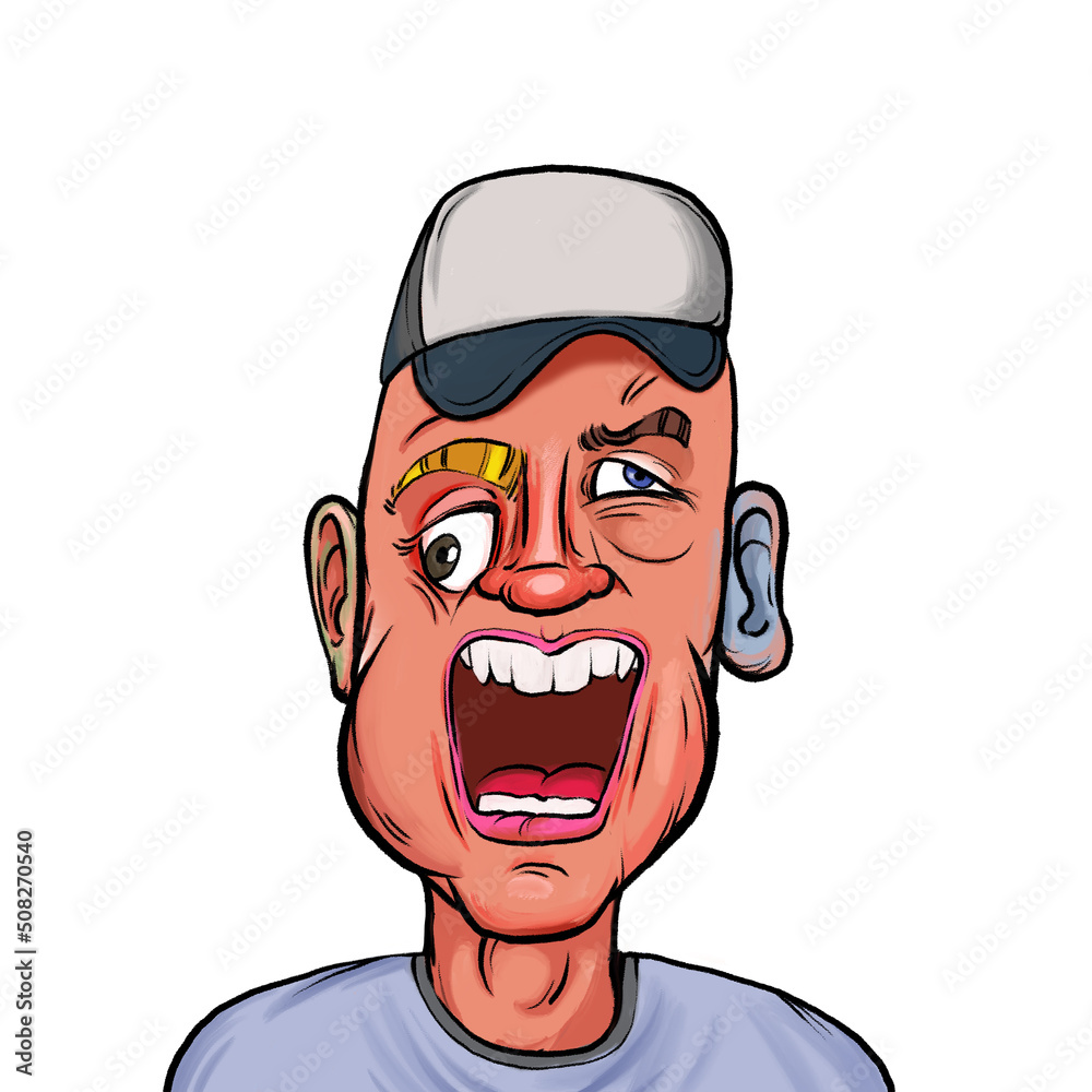 Caricature humor illustration of imaginary cartoon person with funny facial expression isolated on white background