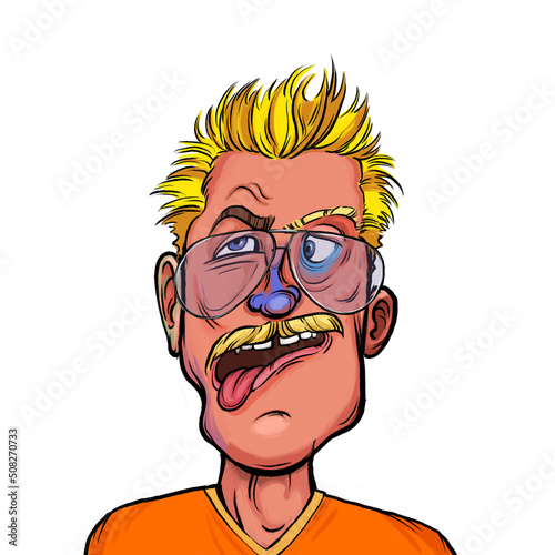 Caricature humor illustration of imaginary cartoon person with funny facial expression isolated on white background