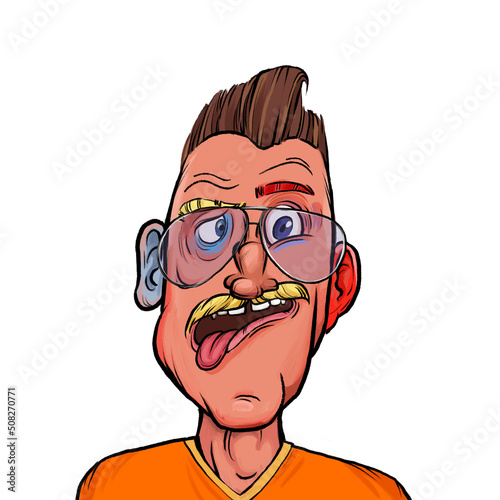 Caricature humor illustration of imaginary cartoon person with funny facial expression isolated on white background