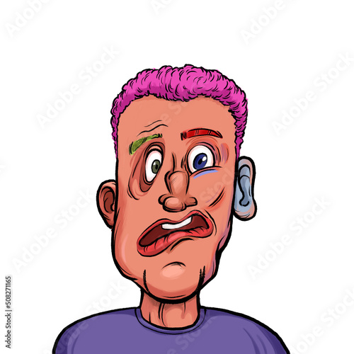 Caricature humor illustration of imaginary cartoon person with funny facial expression isolated on white background