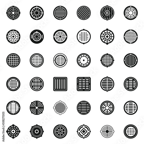 Manhole icons set simple vector. Canalization cap