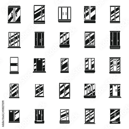 Shower stall icons set simple vector. Ceramic bathroom