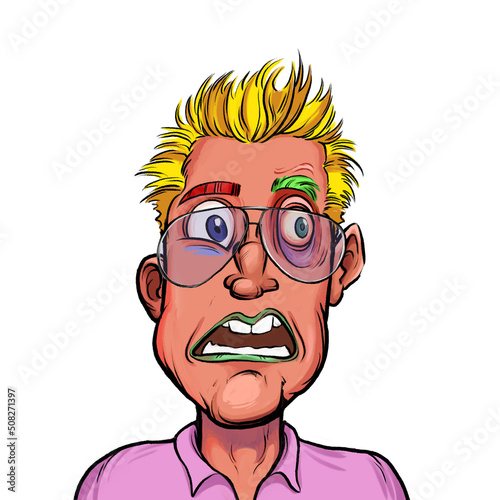 Caricature humor illustration of imaginary cartoon person with funny facial expression isolated on white background