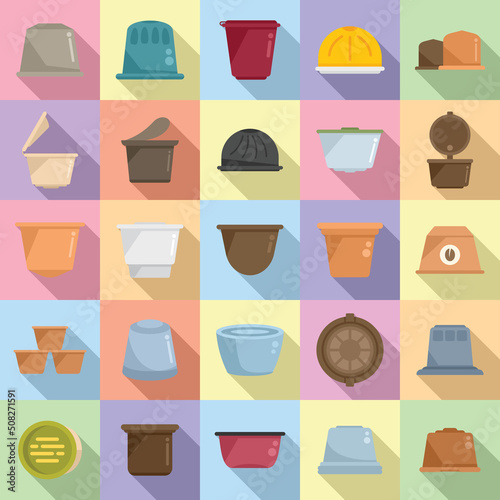 Capsule coffee icons set flat vector. Aroma pod