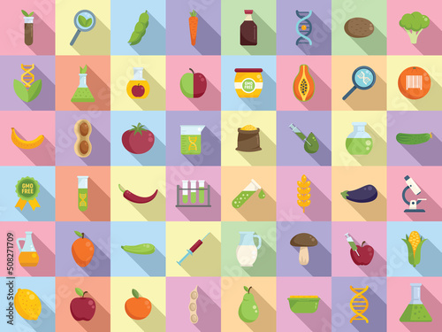 Gmo food icons set flat vector. Antibiotic corn