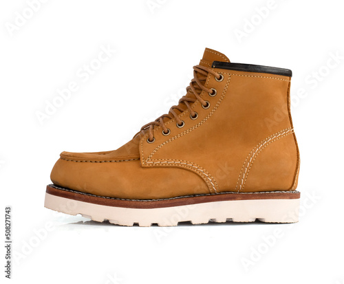 Men fashion yellow boot leather isolated on white background. side view