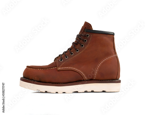 Men fashion brown boot leather isolated on white background. clipping path, side view
