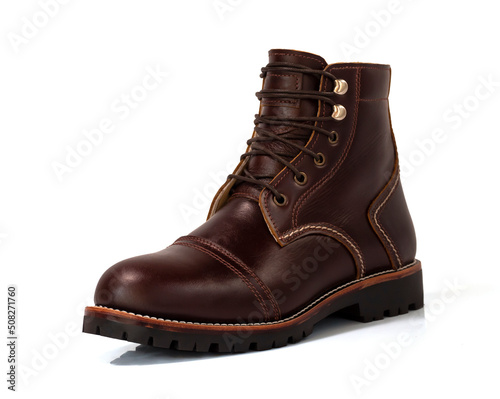 Men fashion brown boot leather isolated on white background.
