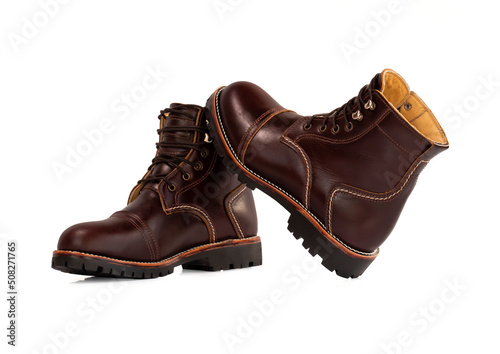 Men fashion brown boots leather isolated on white background. clipping path